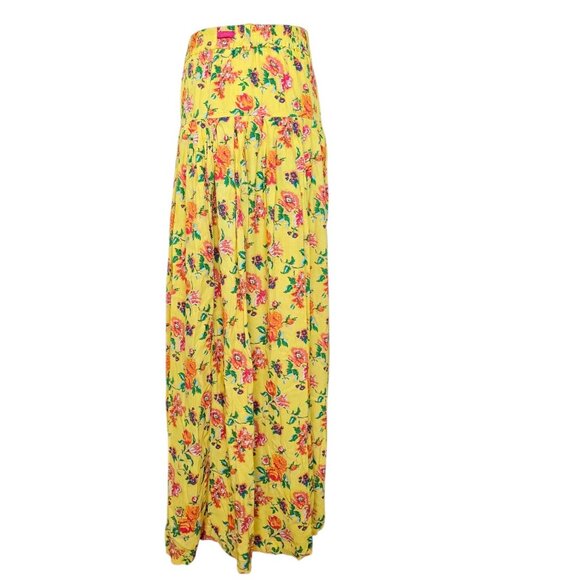 VTG Oilily Womens Yellow Floral Maxi Skirt Long Pullon Sz S M Pleated Viscose - Picture 4 of 11